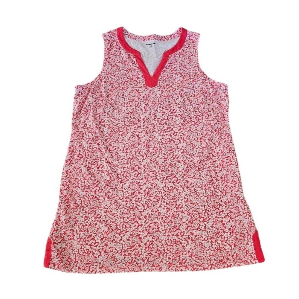 Lands End Dress Womens 2X Red White Floral Cotton Sleeveless Pockets Knee Length